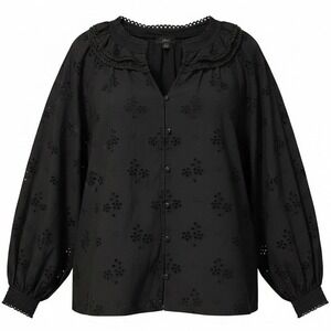 J.Crew Black Eyelet Ruffle Collar Cotton Button Front Top Blouse Large L